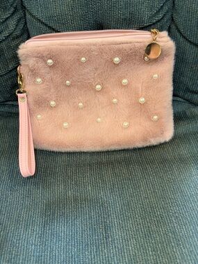 Faux Fur Pearl-Embellished Pink Wristlet Clutch